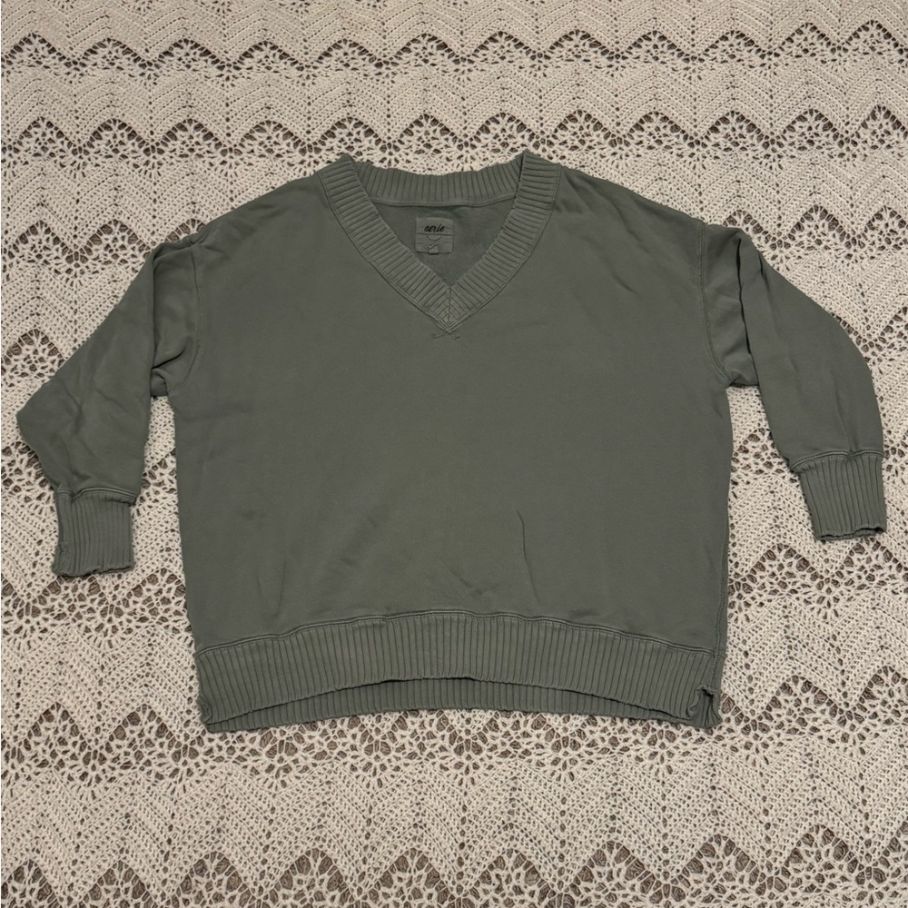 Aerie Olive V-Neck Oversized Sweater Distressed Collar Side Slits Comfortable
